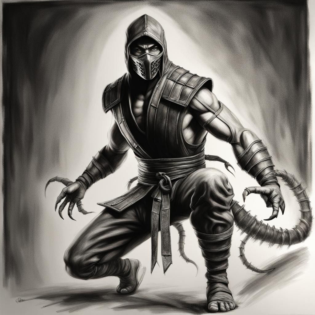 Action Pose of Scorpion from Mortal Kombat black and white