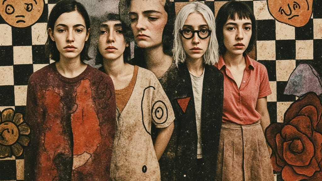 <lora:Mythprint:1.0>  mixed media surreal Elongated abstract absurd creatures in naive folk art attire dancing a conga line, adorned with vi...