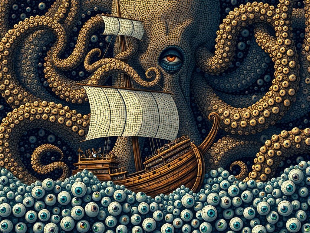 image in the form of a mosaic, on each element of the mosaic there is a detailed eye with a white body ...  by @manozavr