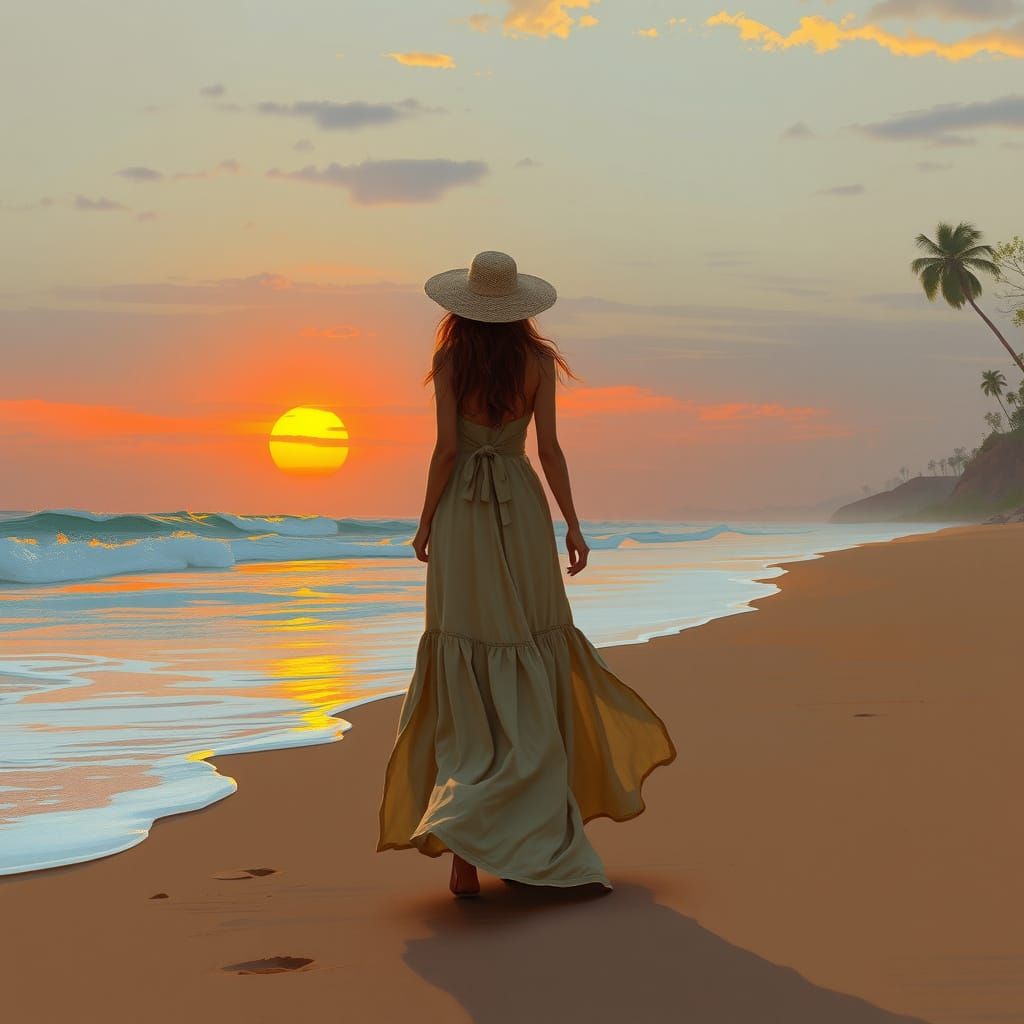Woman on Beach at Sunset, Digital Painting
