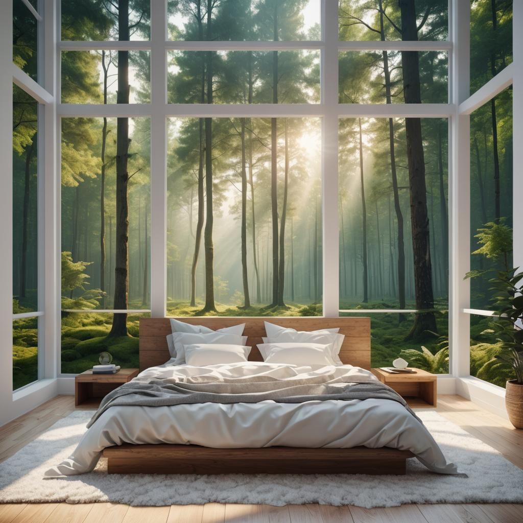 Master bedroom, big white comfortable bed, fluffy pillows, big minimalistic carpet,  white walls, wooden floors, minimalistic style, 1 big w...