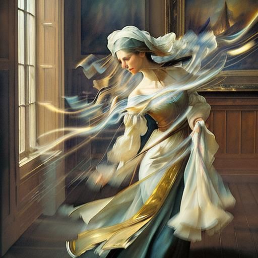 a woman surrounded by streaks of blurred light, motion froze...