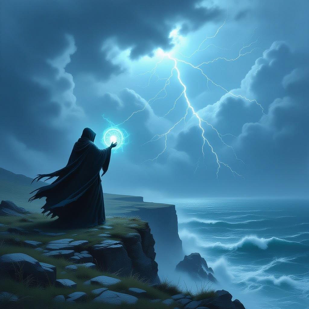 A solitary figure in a hooded cloak stands on a windswept cliff overlooking a stormy sea, casting a spell with glowing runes. The sky above ...