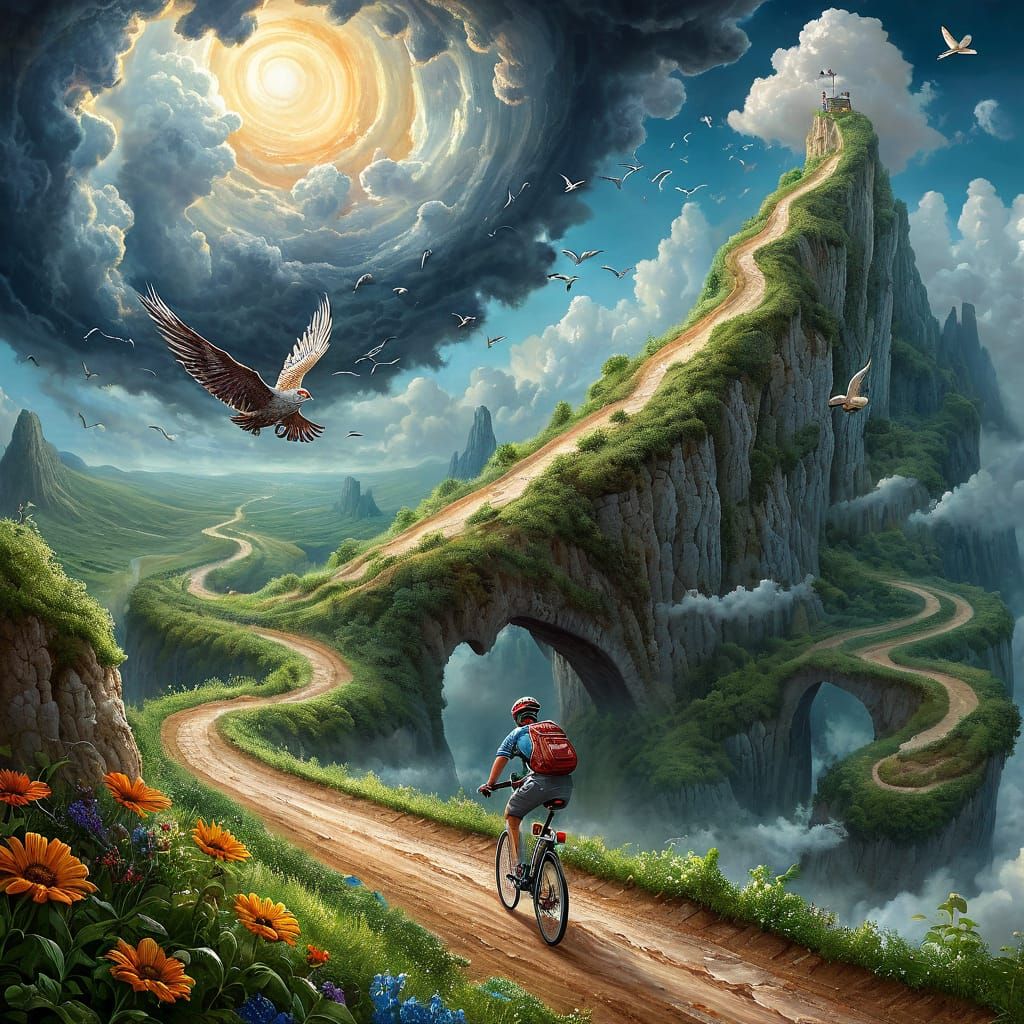 dreamlike depiction of a person riding a bike