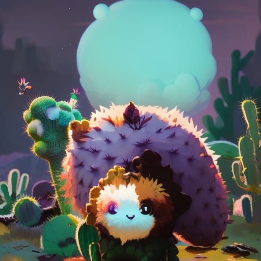 A floofy cute Cactus momster, by Dan Mumford, Ismail inceogl...
