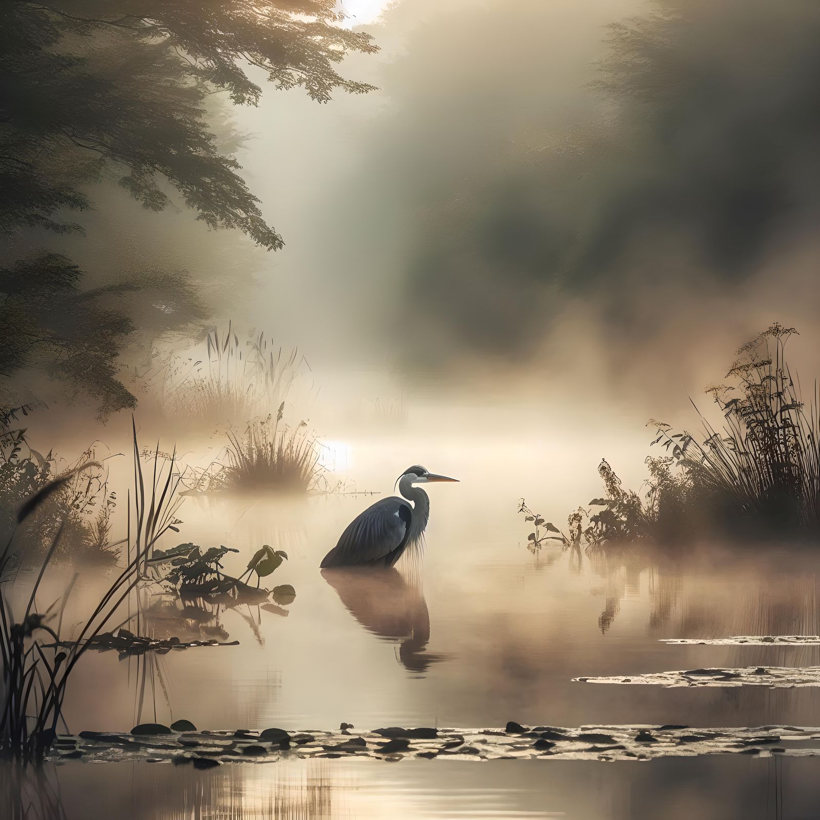 Le héron  au bord du lac dans la brume guette sa proie photographie HD