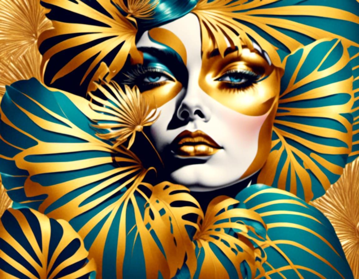 Abstract woodblock art boho botanical foliage fern monstera palm lily daisy lotus golden ratio pop art beautiful art nouveau retro vintage c...