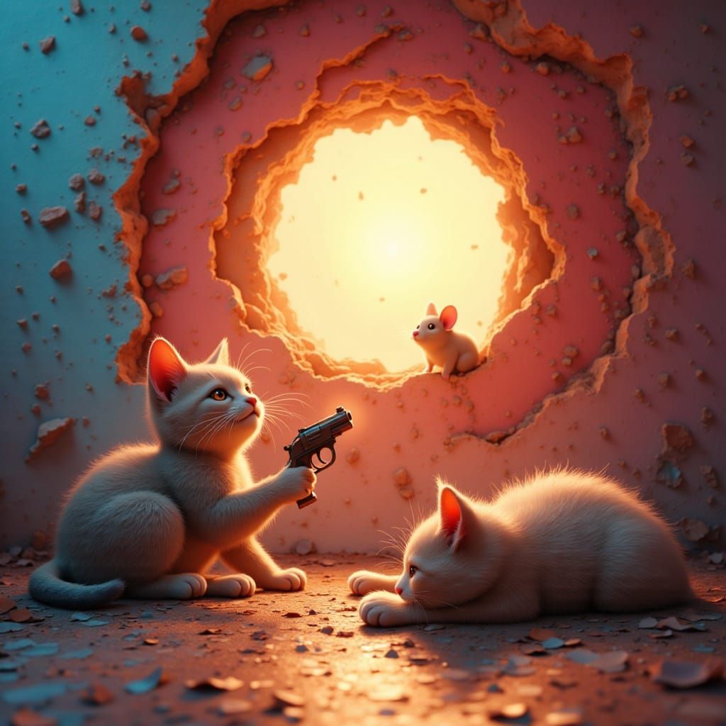 Cat Aims Gun at Mouse in Cartoon Style