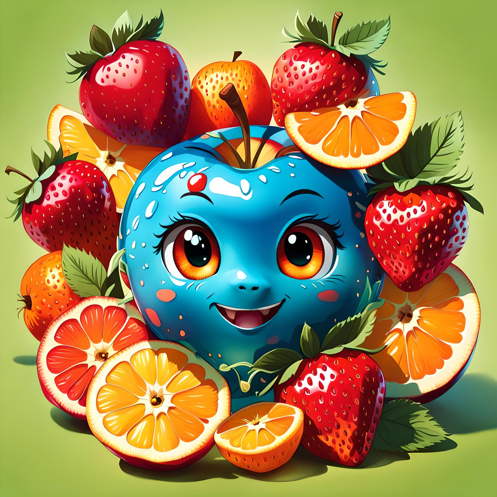 Whimsical Wonders: Delightful Chibi Blue Apple in a Fruity P...