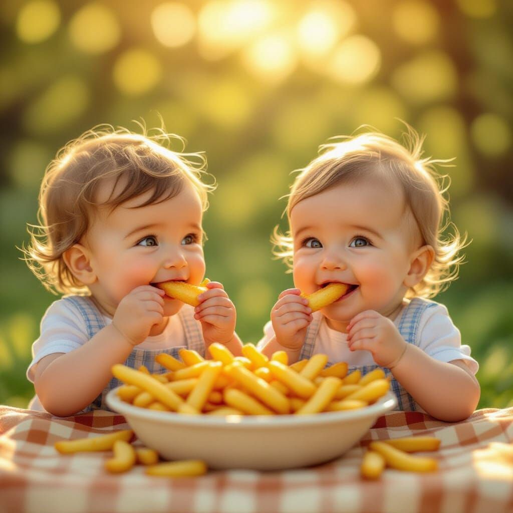 Whimsical Illustration of Babies Eating Fries