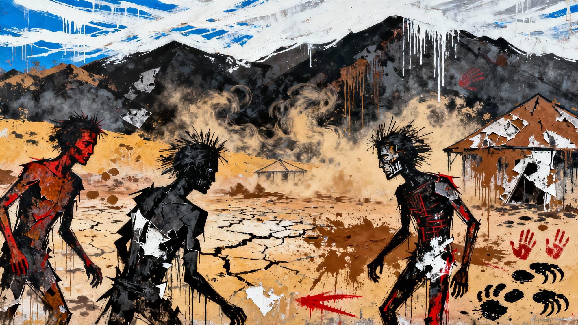 Splatter, graffiti, and abstract expressionist artwork depicting the first humans on Earth, raw and primal. Explosive strokes of charcoal bl...