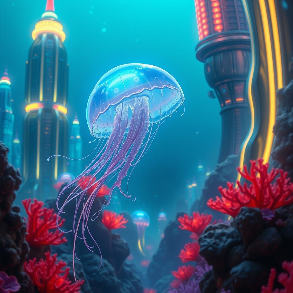 Bioluminescent Jellyfish in Futuristic Underwater City