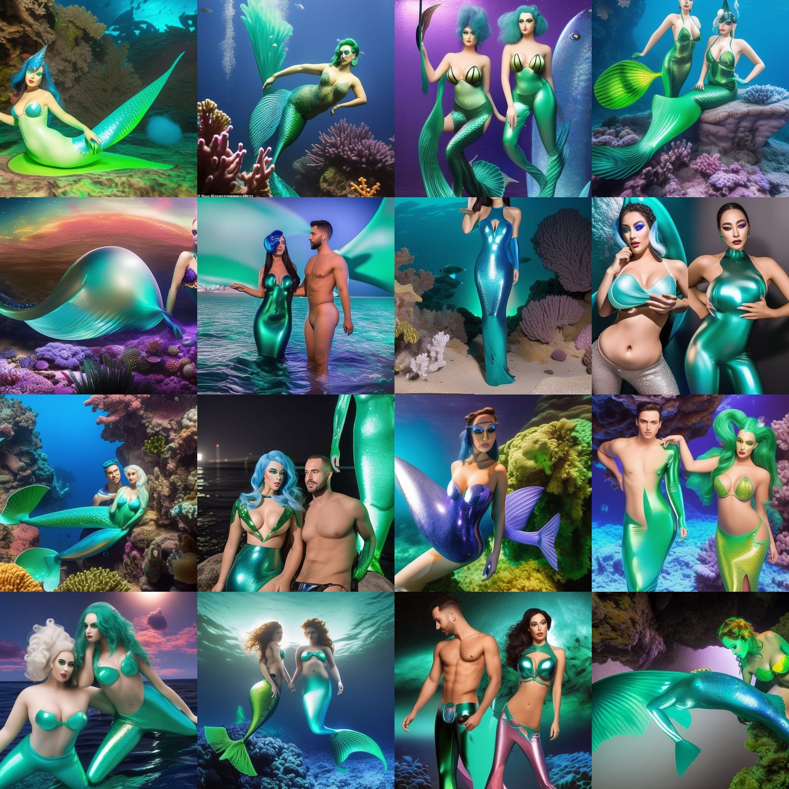 Create an detailed image of Ben and Mike, two alluring merma...