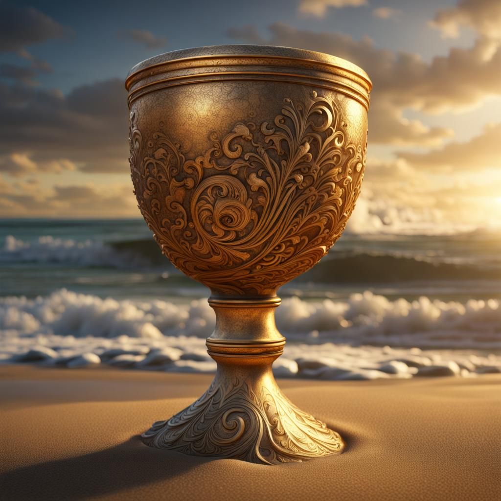 one intricately carved golden goblet washed ashore by the waves on a ...