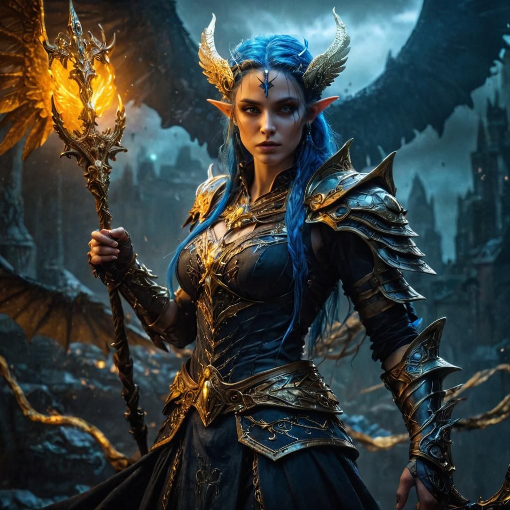 Dark fantasy concept art. Medium shot. An armored Darkness elf queen with large chest and gorgeous big blue eyes and with intricate gold tri...
