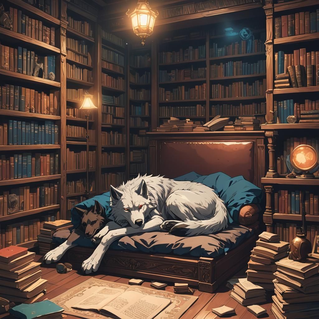fenrir sleeping in a cozy home library