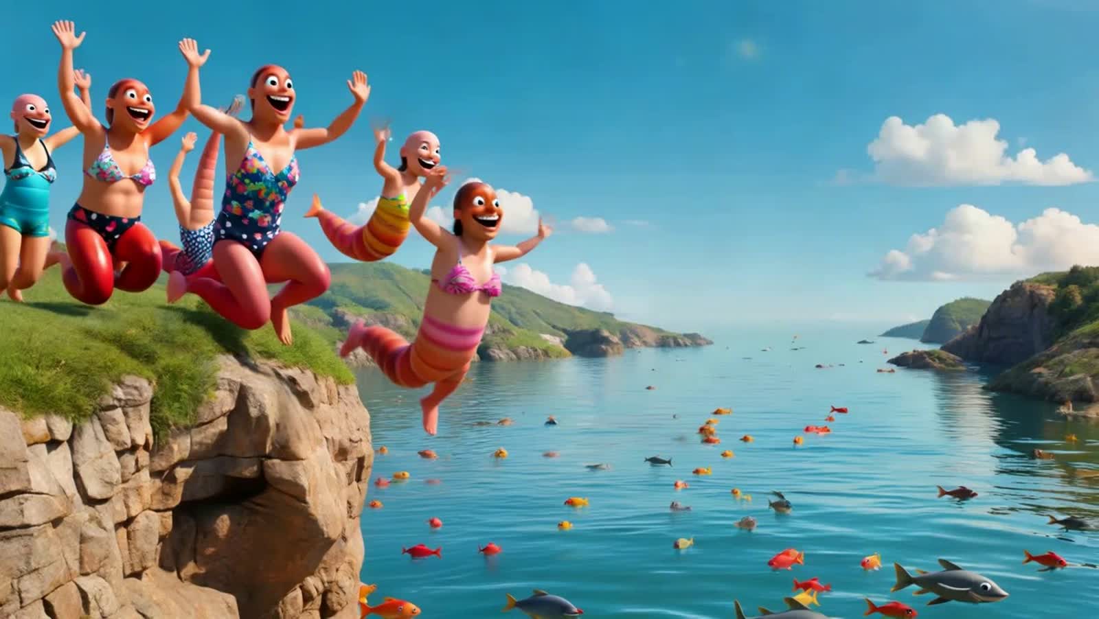 Smiling earthworms of both sexes in swimsuits are jumping off the cliff to the river where hungry fishes are catching th...