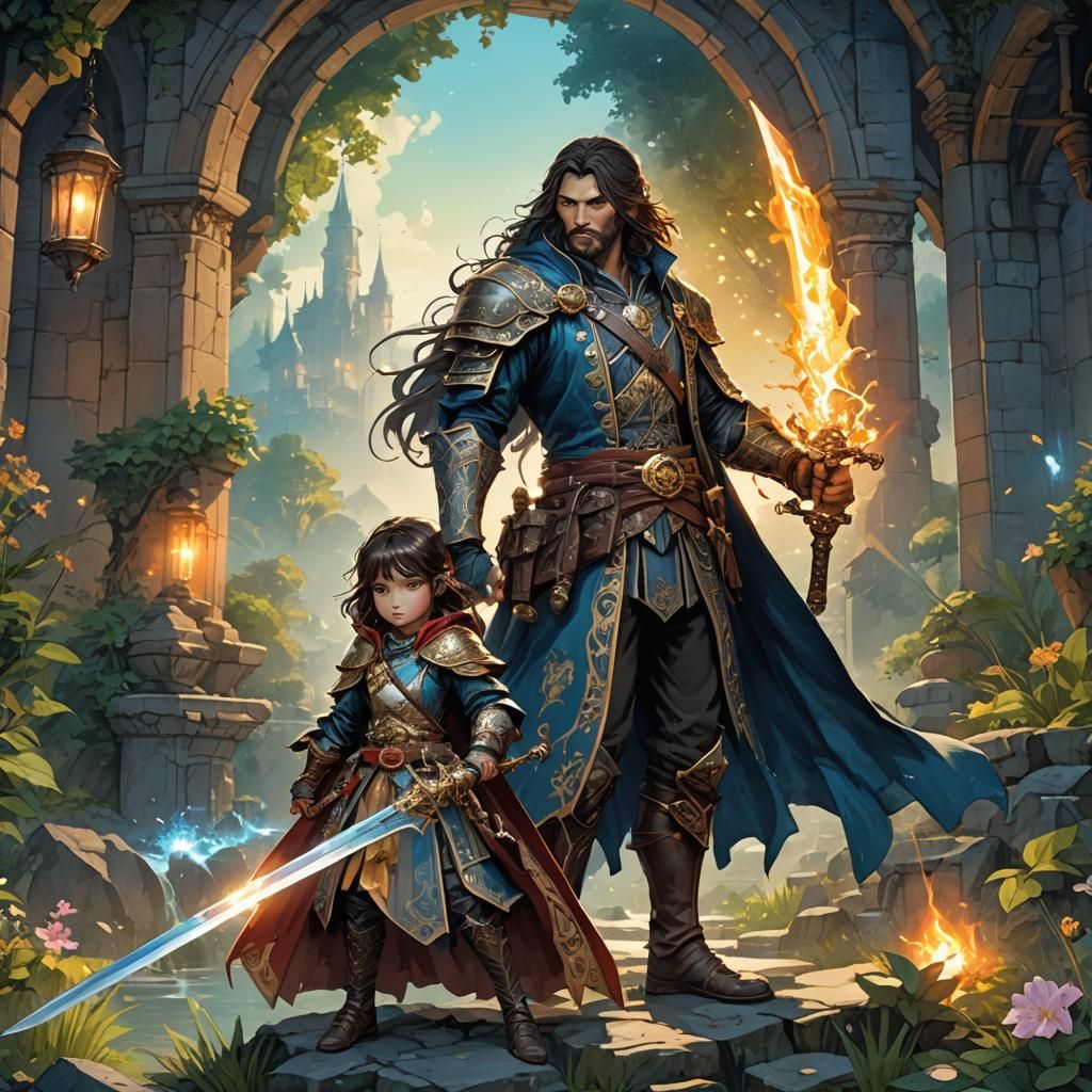 RPG Hero Sword and RPG Hero Magic Sorcerer (light at dawn:1.9) (watercolors:1.9) 8k resolution concept art by Moebius Gustave Courbet dynami...