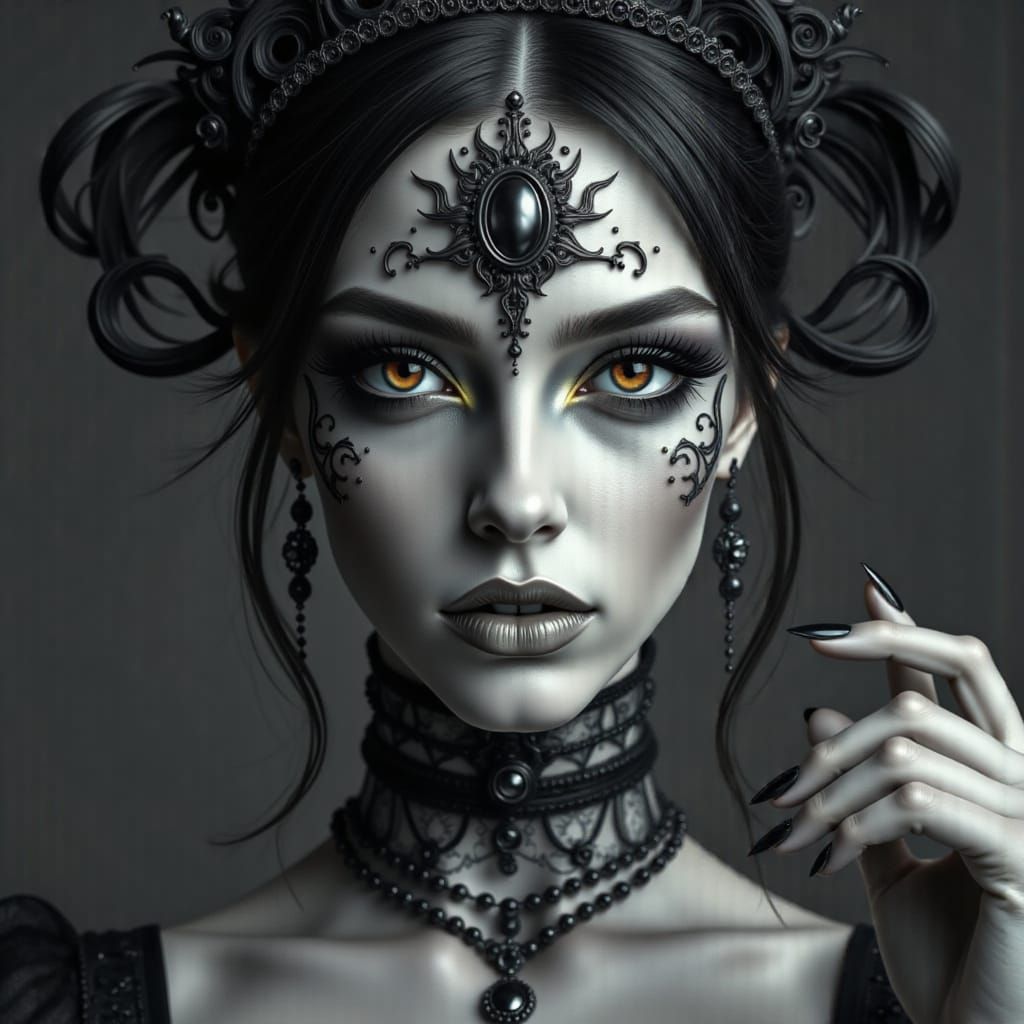 <lora:Goth-punk:1.0> Womans portrait, black and white, transparent and iridescent, perfect symmetry, perfect details, cinematic, photorealis...