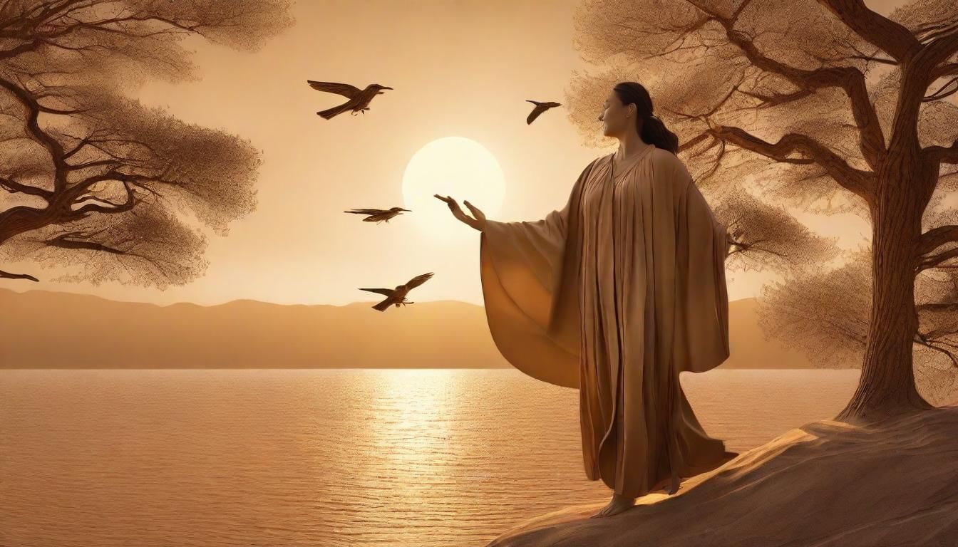 a wood carving on cedar of a woman gliding in the clear sepia   Sky with Songbirds 8K resolution beautiful photorealistic