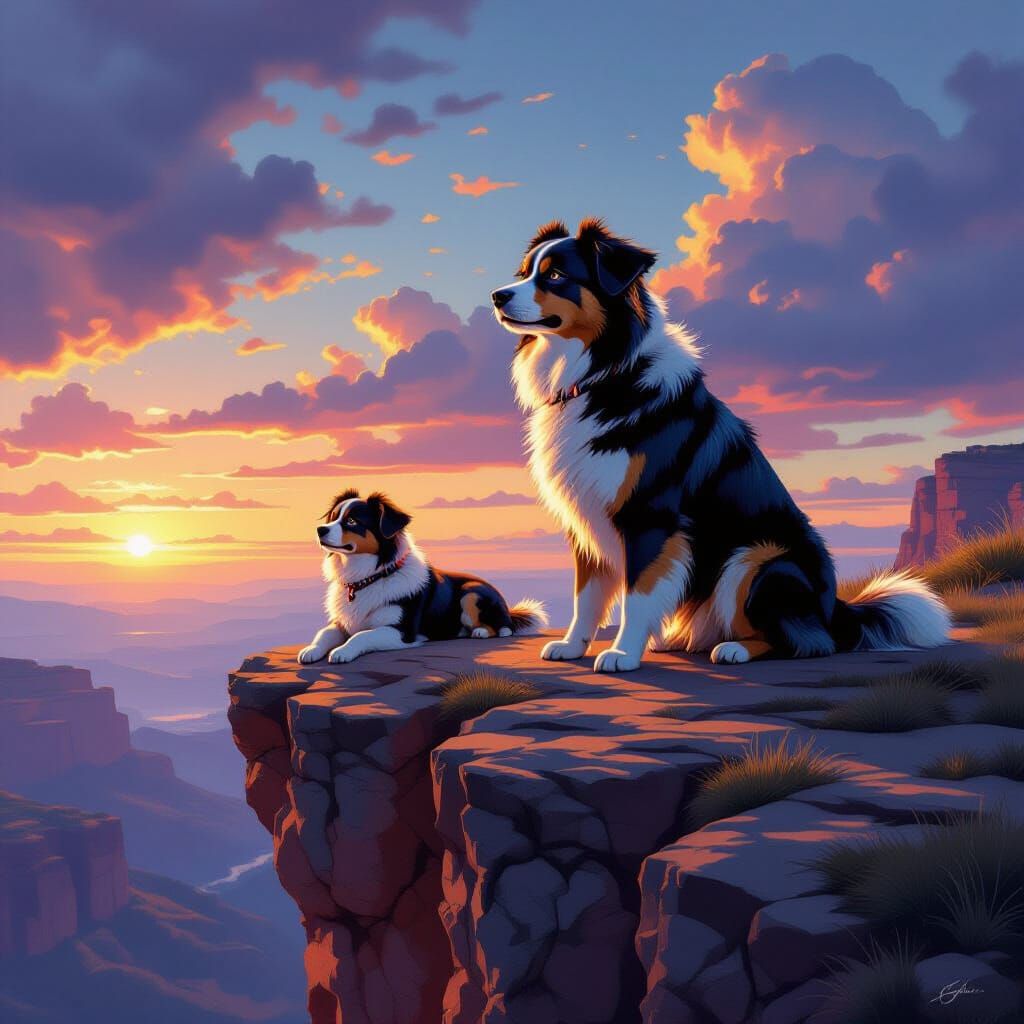 Hyperrealistic Dogs on Cliff with Dramatic Lighting
