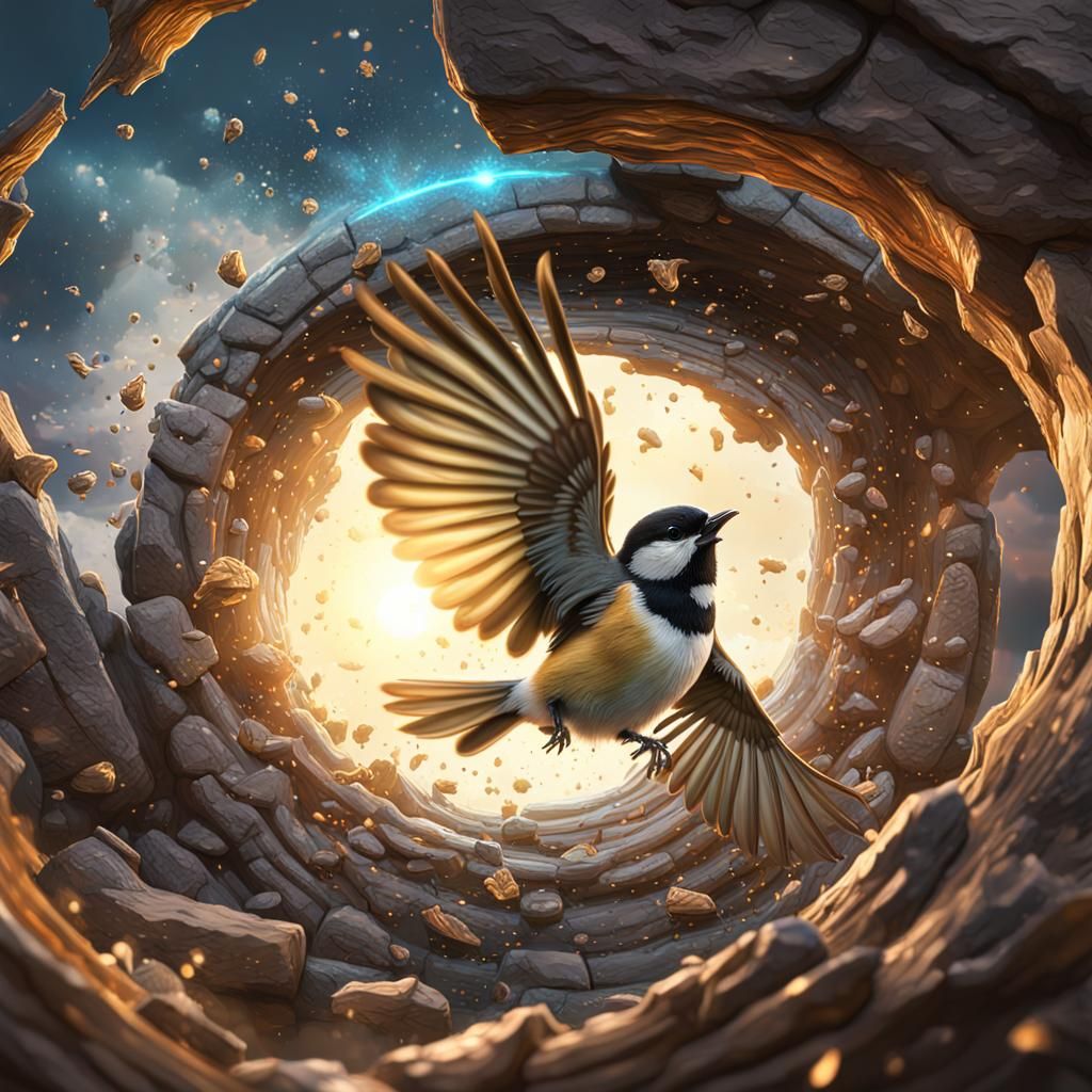 A chickadee flying into another realm portal Hyperrealistic,...