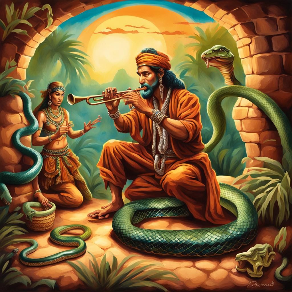 A Clean Oil Ink Airbrush illustration of a snake charmer playing his ...