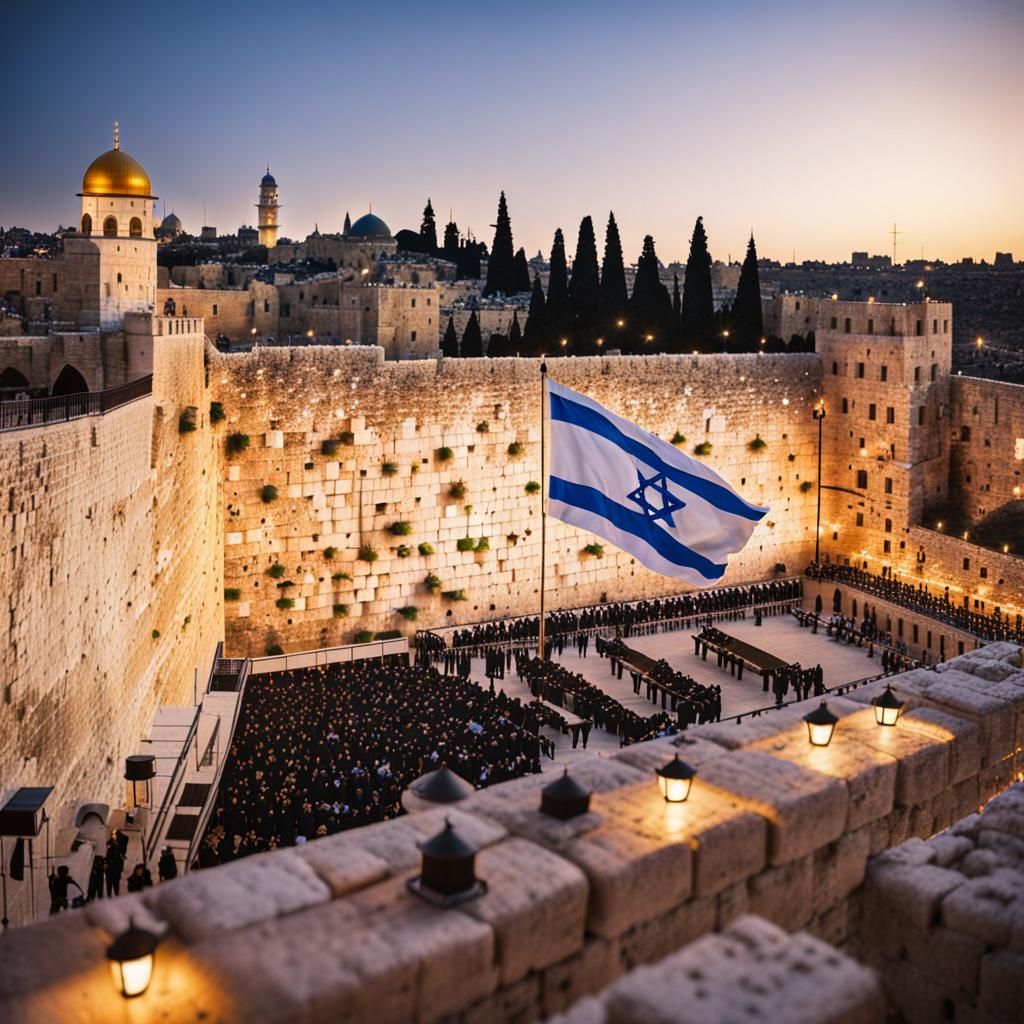Golden Israeli Flag Soars Against Jerusalem's Western Wall