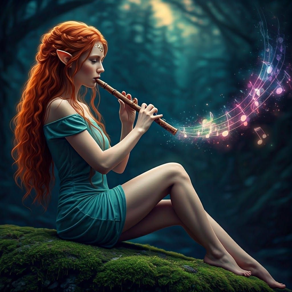 A beautiful redhead young elven lady is sitting on a stone and she is playing a flute. Music in the form ...  by @Physarium