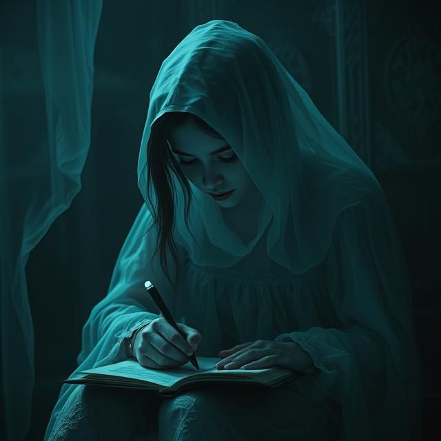 A FEMALE GHOST WRITING EERIE LOVE LETTERS.