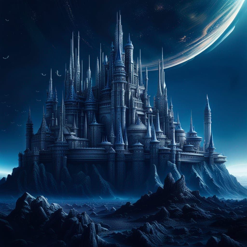 space kingdom with silver fortresses on a dark blue AI