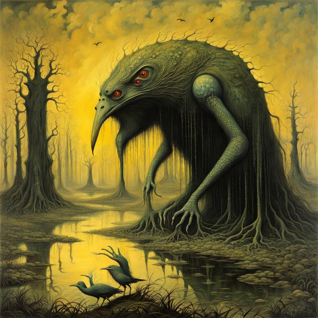 Zdzisław Beksiński, odd bird monster, primordial swamp, surrealism, Ruth Thompson