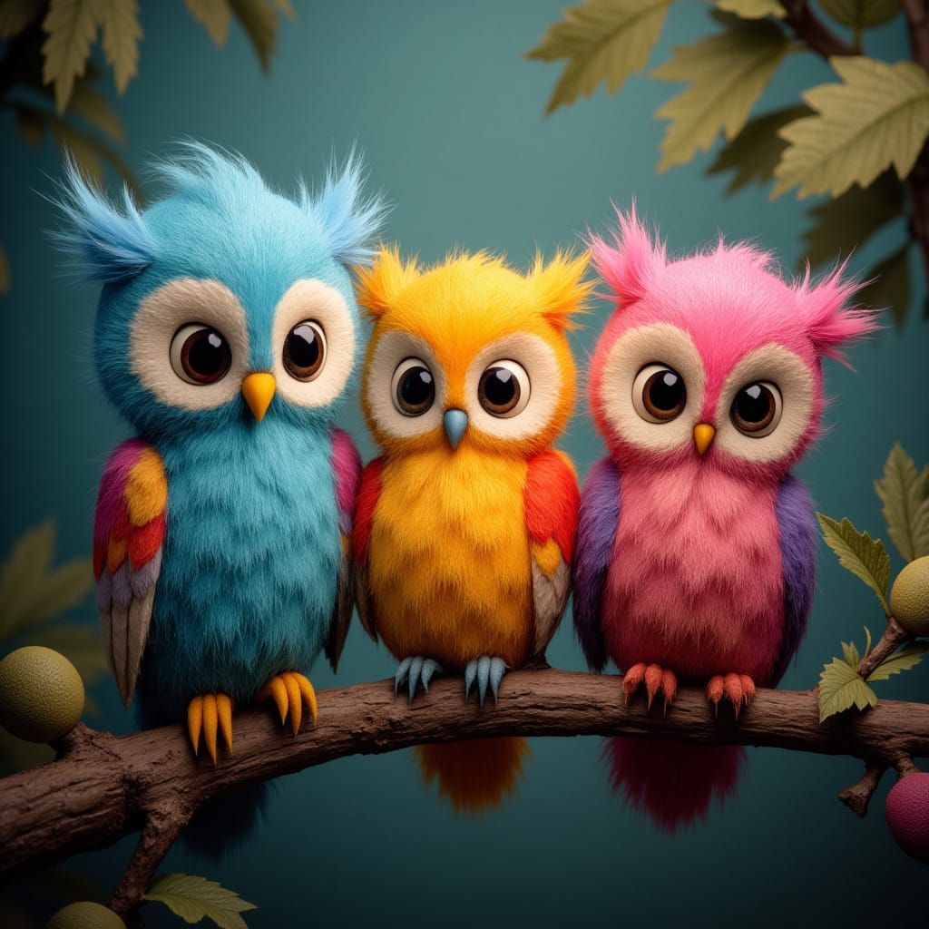 3 cute colorful fluffy owls sitting on a branch. detailed matte painting, deep color, fantastical, intricate detail, splash screen, compleme...