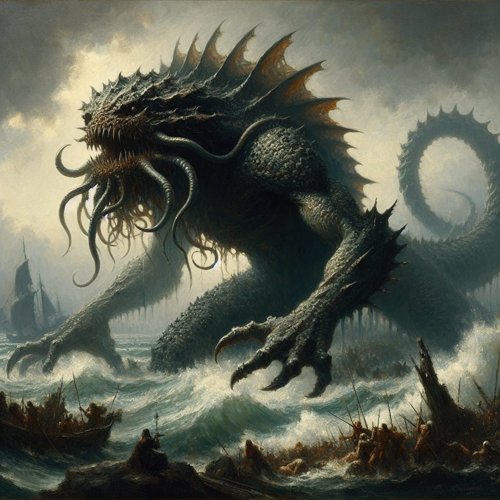 Ominous Tenebrism Creature Emerges from Oceanic Chaos