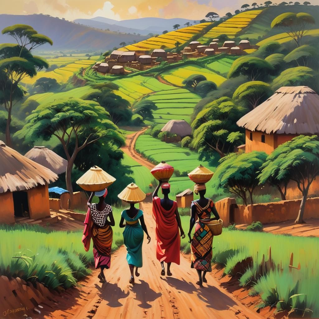 "Create a tranquil African village nestled among rolling green hills