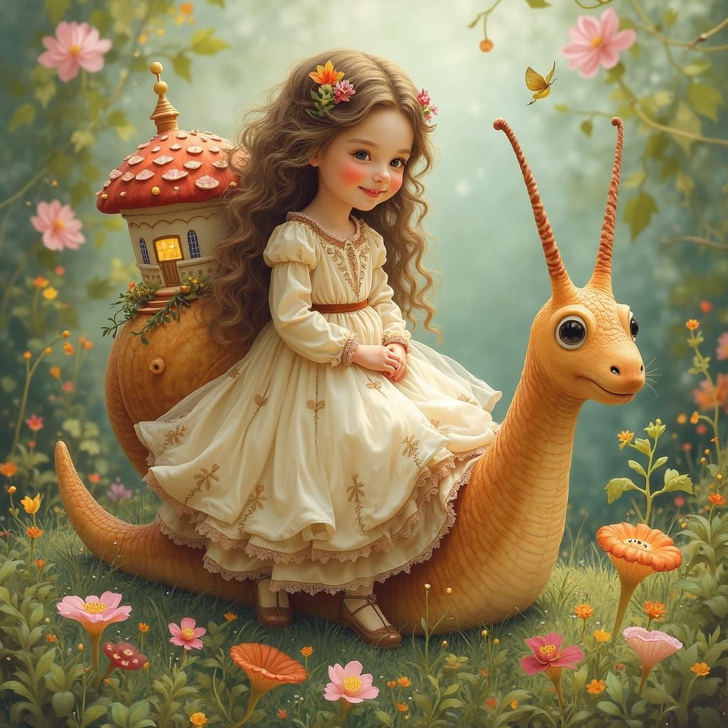 Enchanted Garden: Girl on Snail in Watercolor Style