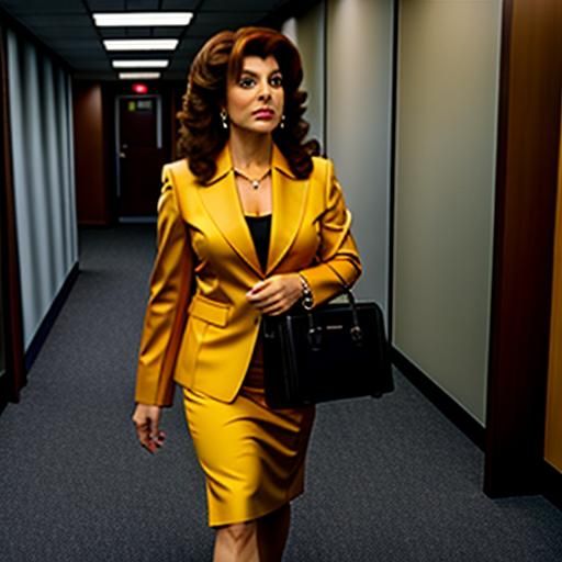 Deanna Troi as a businesswoman in a 20th Century office