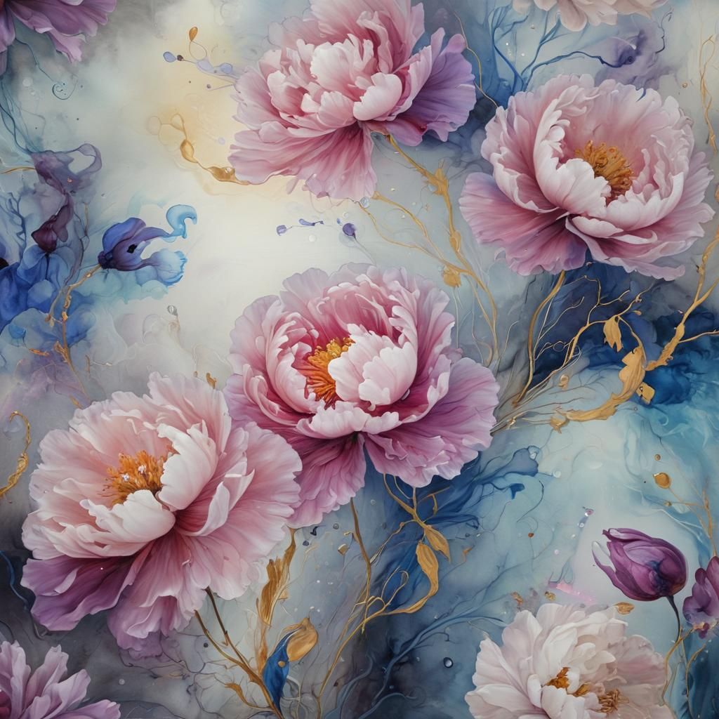alcohol ink painting on silk, sprayed with Luminol; peonies ...