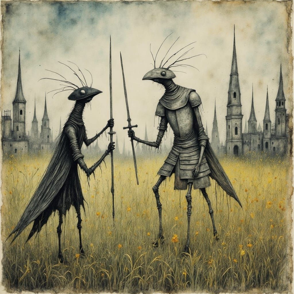 Oddities for October 26.
-----
Alcohol ink. Magical Quirky Primitivism: Surreal whimsical painting, playful wanderer, Sam Toft. Disturbed crazy giant Praying Mantis wearin...