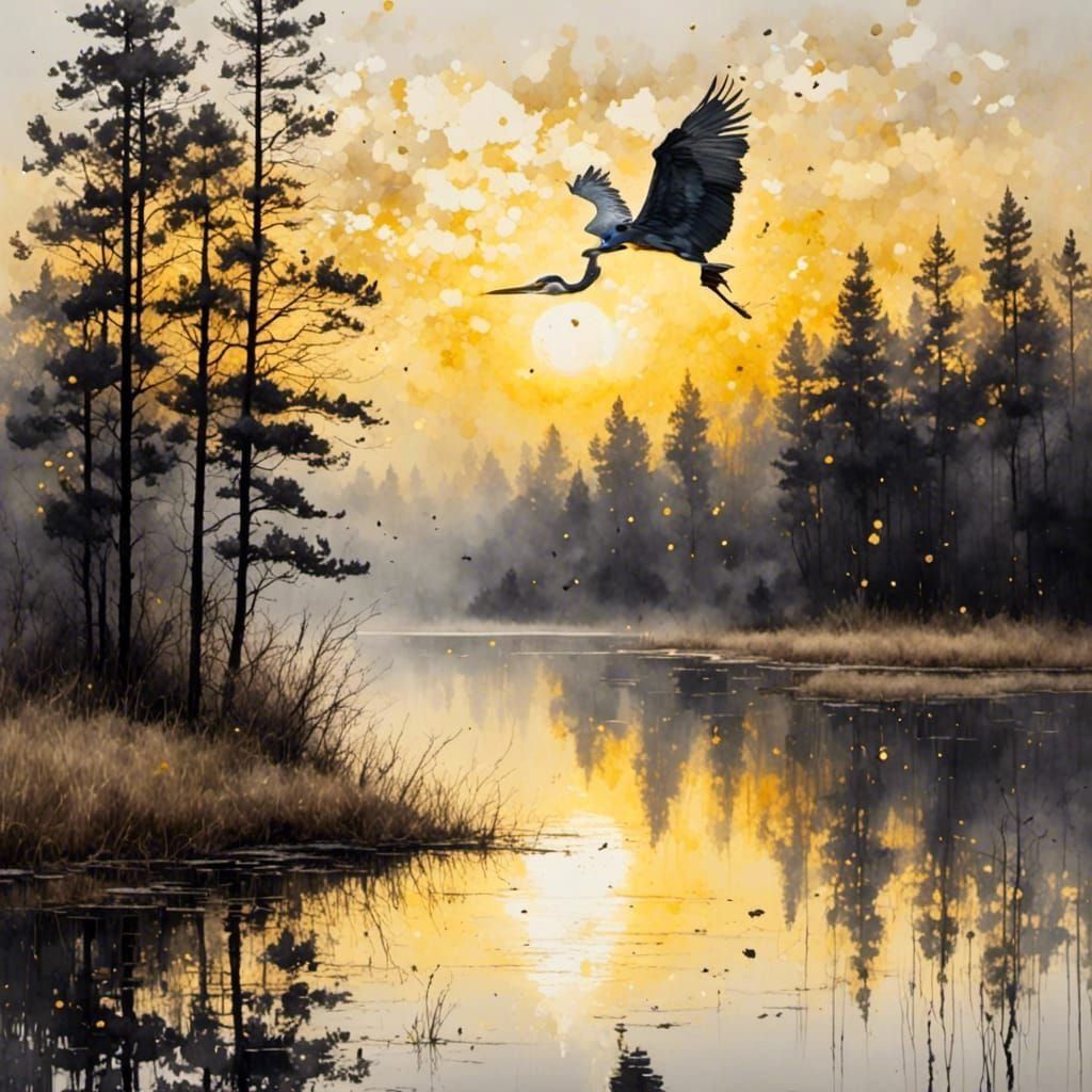 dawn over a lake surrounders by trees the picture in shades of grey and yellow skies and water. Heron taking flight <lora:Antique Watercolor...