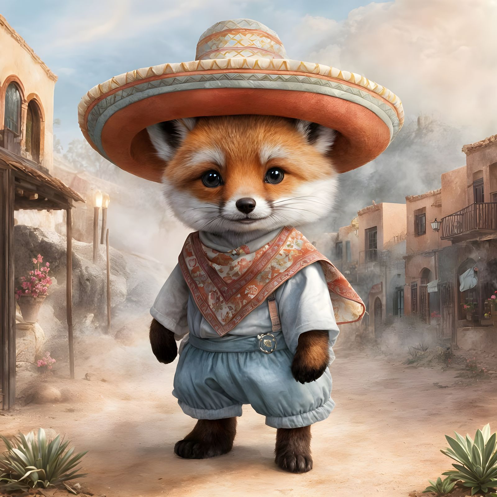 A cute baby fox wearing a sombreros, in a dessert, with a Mexican town. High resolution.   by @Irene