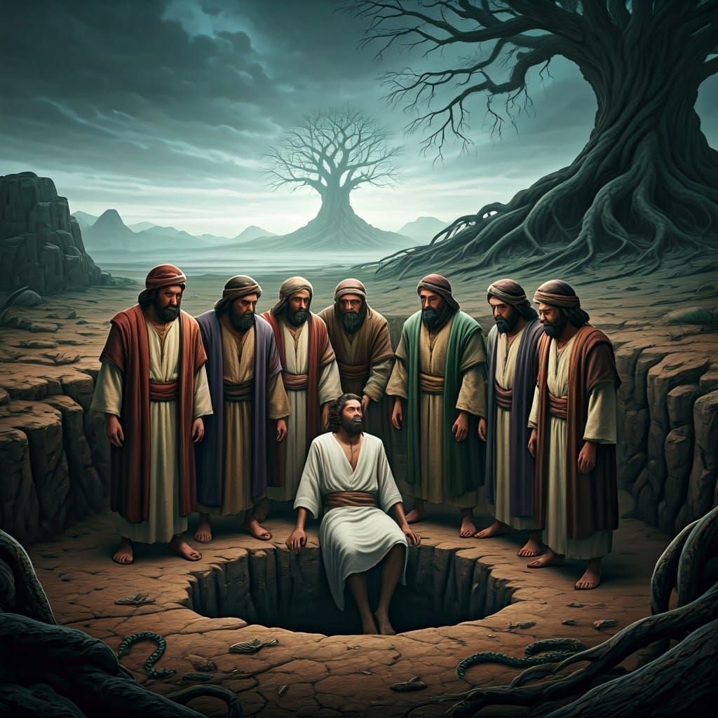 Ten Righteous Sons of Jacob Lower Joseph into a Dark, Snake-...