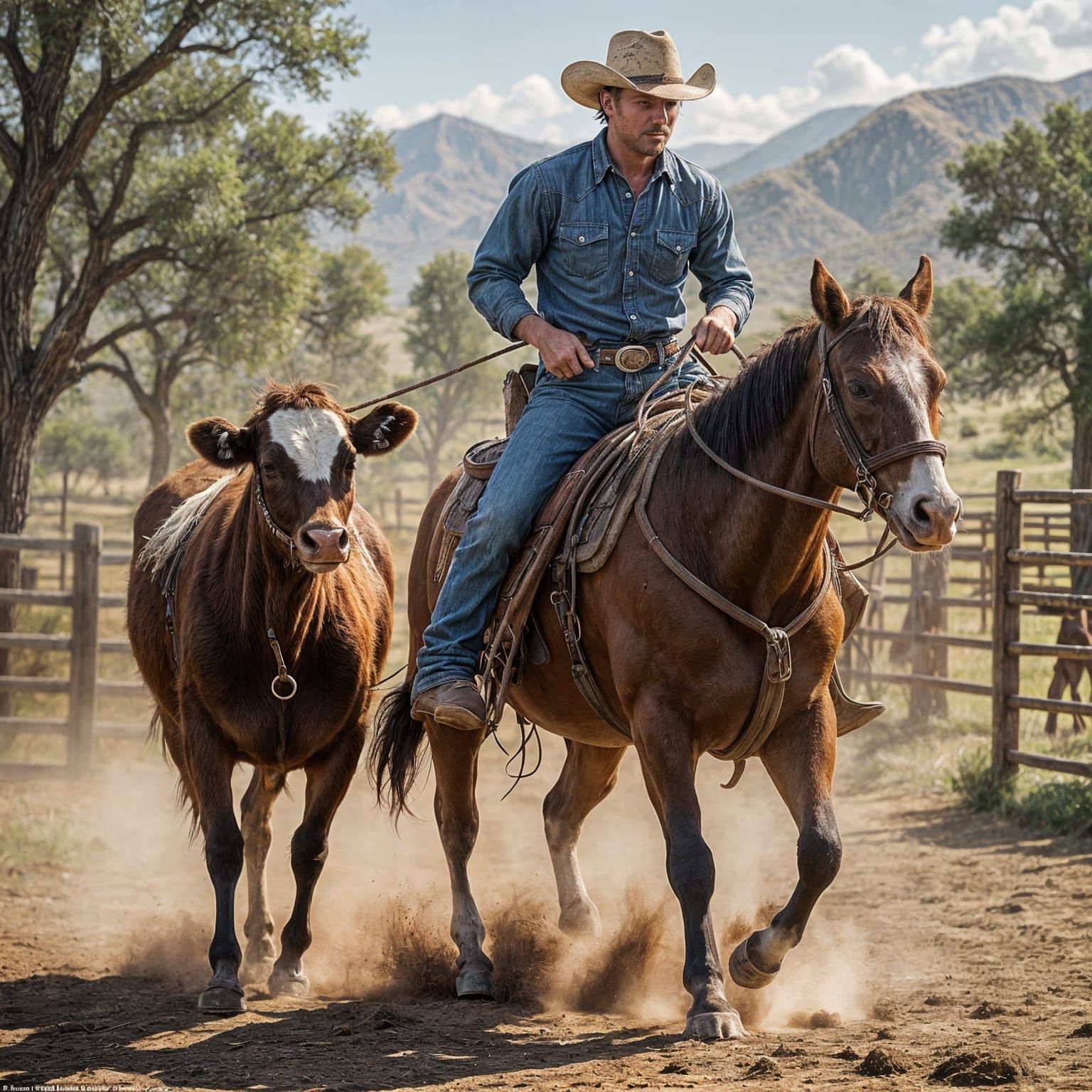 A mesmerizing realistic cowboy is wrangling a calf,on a ranch, Dusty   by @Paul Snipes