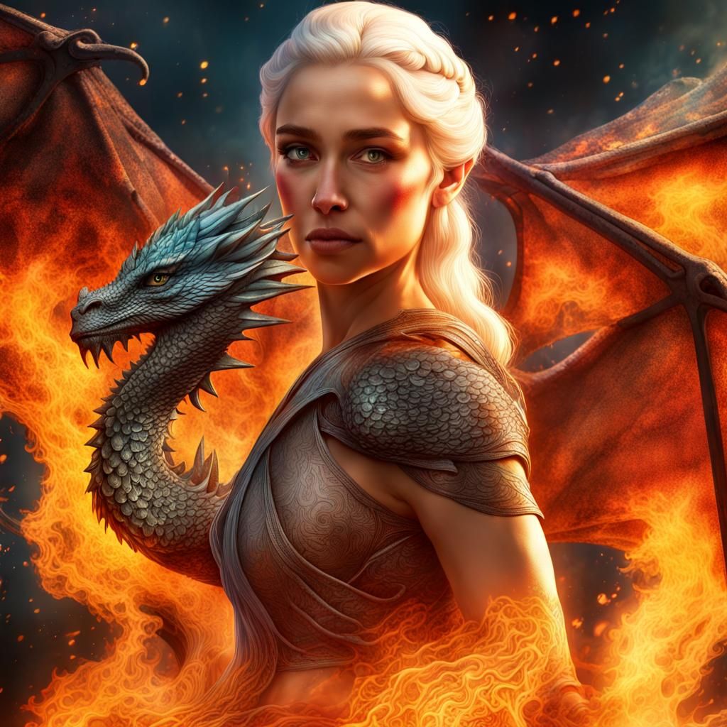 the khaleesi game of thron, with three little dragons, come out of ...