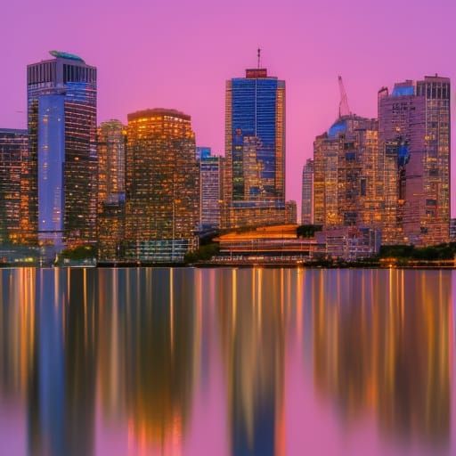 City skyline across the water at sunset