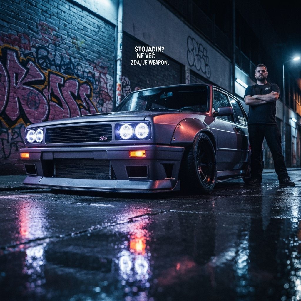 Nighttime urban street-tuning scene, neon glow reflecting off wet concrete, a heavily modified Stojadin (Zastava 101) with ultra-aggressive ...