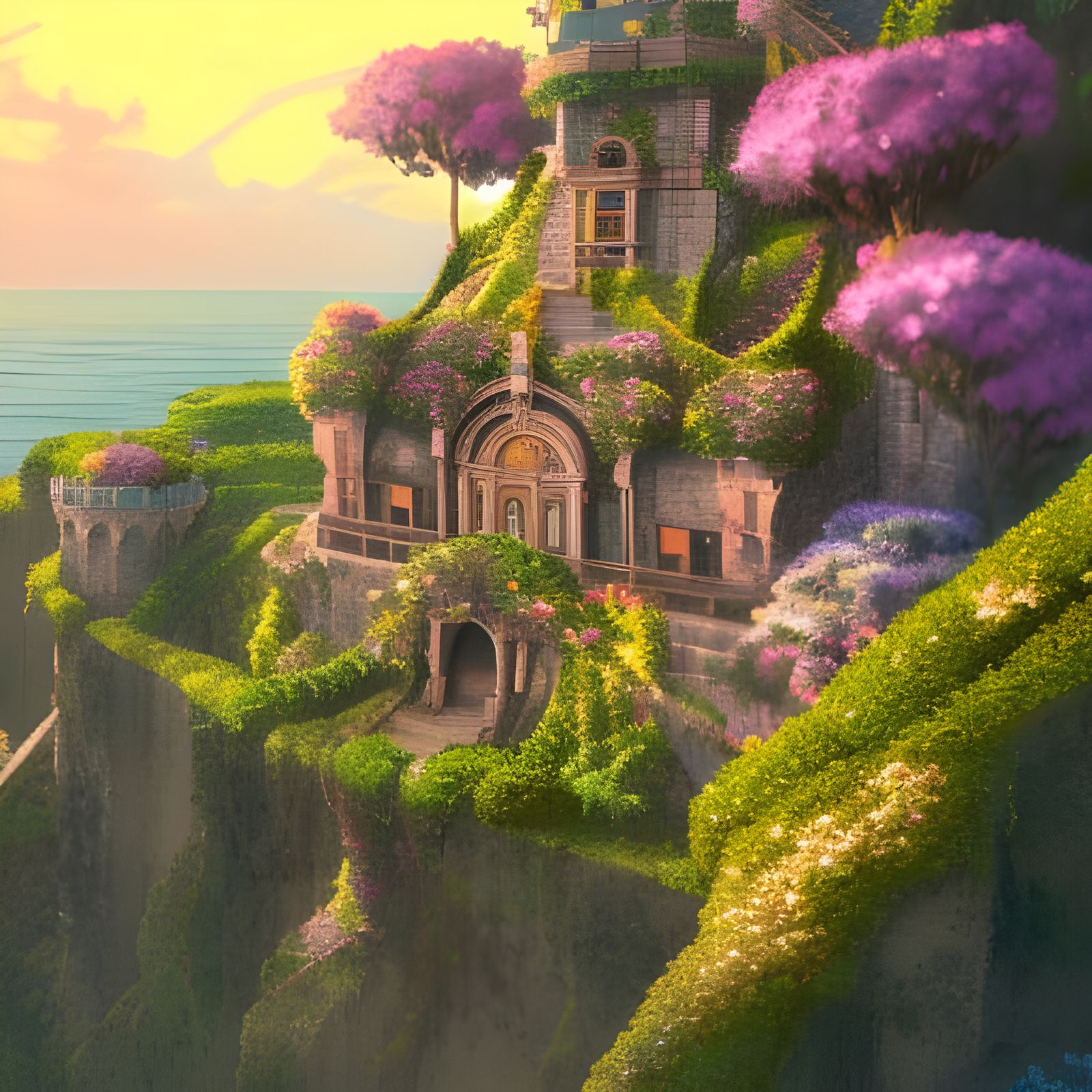 Floral Cliffside Castle: Studio Ghibli Anime Art