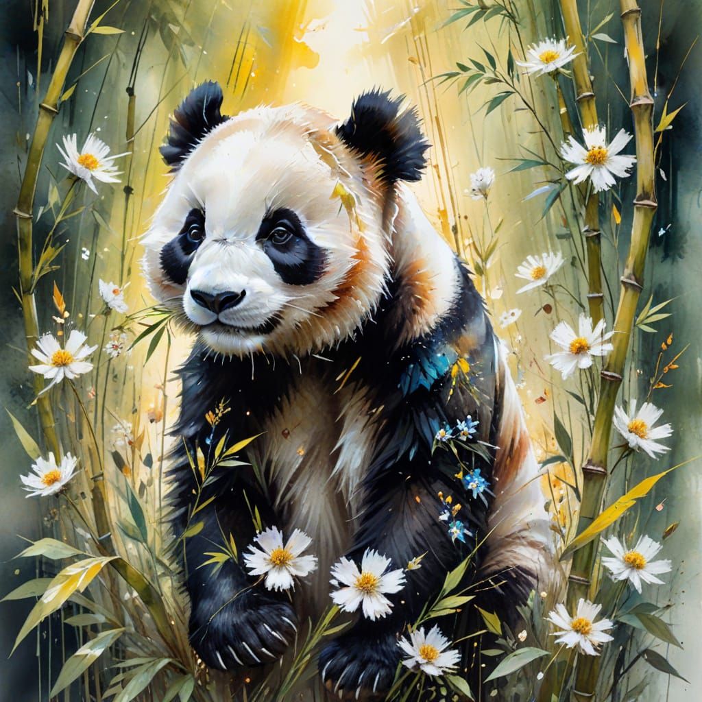 adorable panda on bamboo forest on a Sunlit path:1.5) In a vibrant forest where trees weave between clusters of blooming...