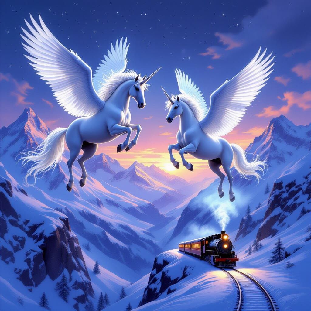 A majestic Pegasus along with a unicorn, both with wings of shimmering frost and a mane like a blizzard, soar through a twilight sky above a mountain track train