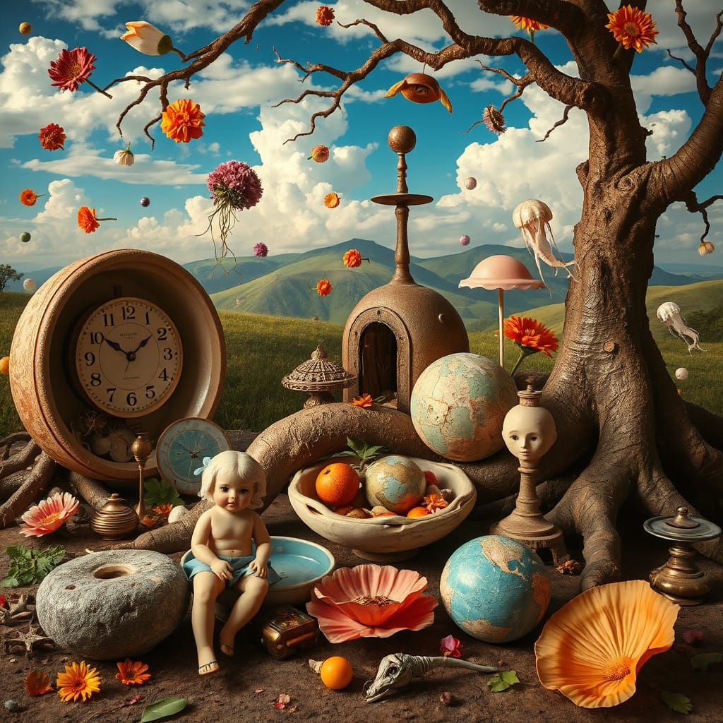 Surreal art scene, dreamlike and imaginative composition, distorted landscapes, floating elements, unusual ...  by @Fausto Santos